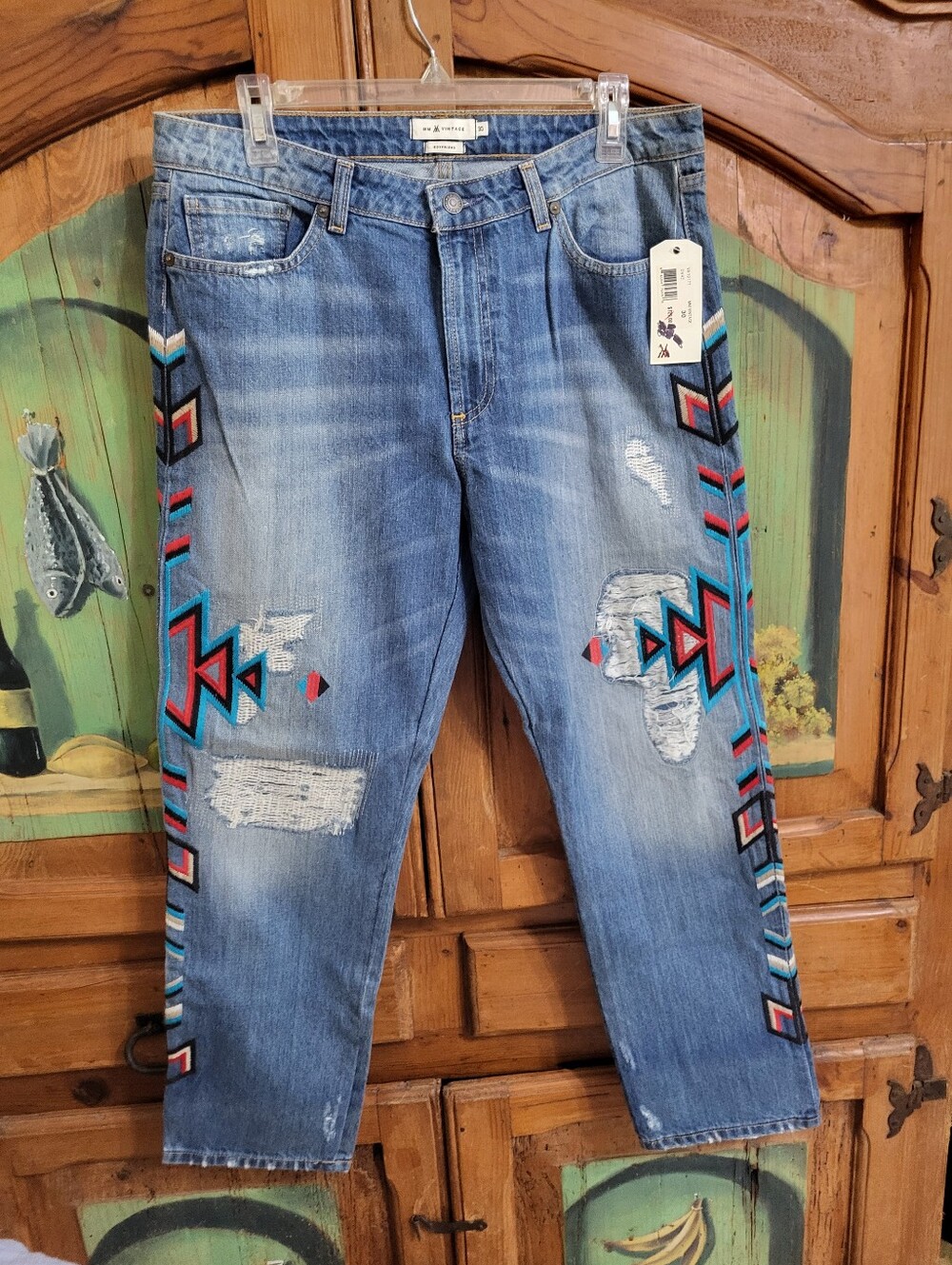 M & M Vintage Blue Denim Jeans with Red & Teal Geometric Embroidery